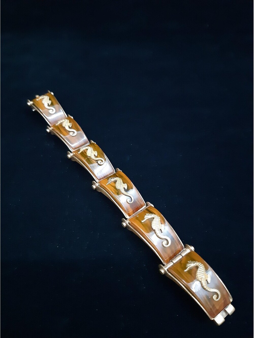 Vintage Art Deco Bakelite Bracelet with Brass Seahorse, Signed Jean H Painleve